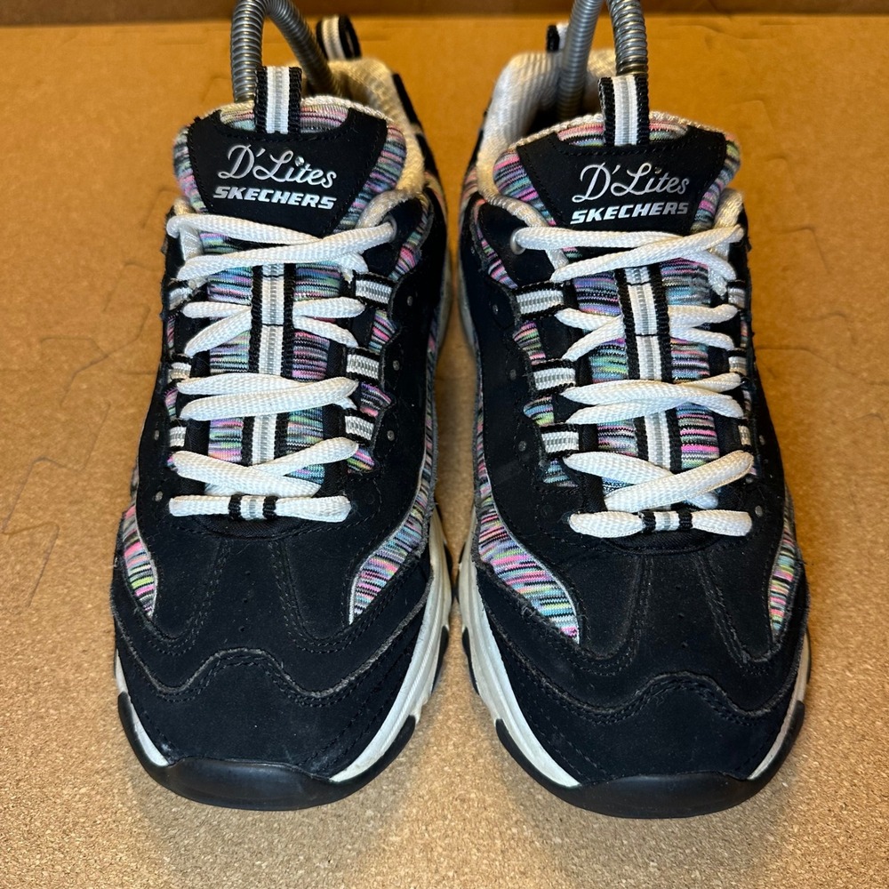 Skechers D'Lites Sneakers Womens 7.5 Black Multi Color Stripe Leather 11978 BKMT - Picture 2 of 11